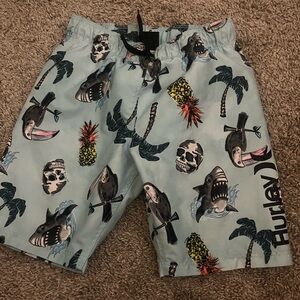 Hurley Light Blue Tropical Shark & Skull Swim Shorts